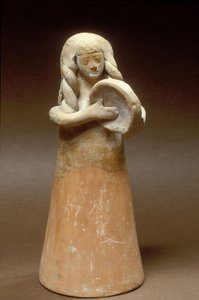 Estatueta de um pandeiro feminino, de Shikmona na costa norte de Israel, do século IX a VIII aC (cerâmica)